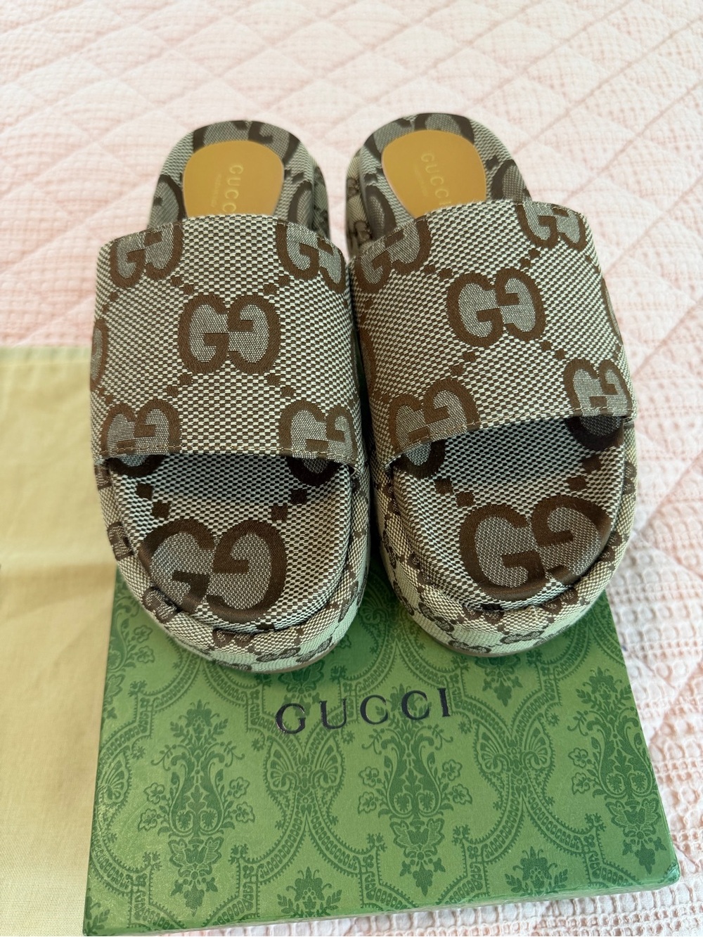 Gucci GG Monogram Platform Slides in Brown & Beige